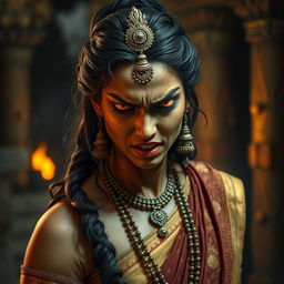 Princess Amba from the Mahabharata is depicted in a moment of intense emotion, her face contorted in a mixture of anger and tears as she curses Bhisma