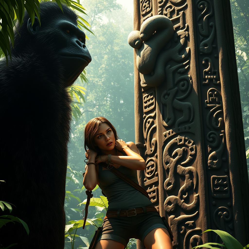 An intense scene featuring Lara Croft, her hands bound to a towering pillar in a lush jungle, unable to escape as a massive King Kong gazes upon her