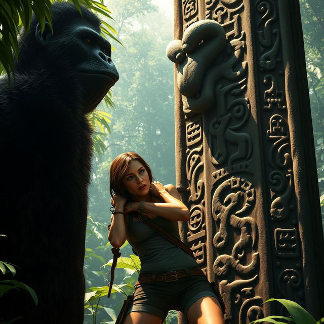 An intense scene featuring Lara Croft, her hands bound to a towering pillar in a lush jungle, unable to escape as a massive King Kong gazes upon her