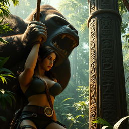 An intense scene featuring Lara Croft, her hands bound to a towering pillar in a lush jungle, unable to escape as a massive King Kong gazes upon her