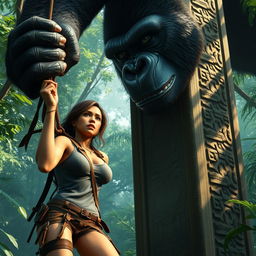 An intense scene featuring Lara Croft, her hands bound to a towering pillar in a lush jungle, unable to escape as a massive King Kong gazes upon her