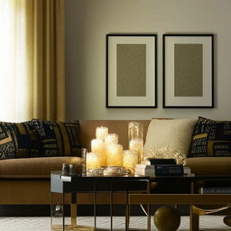 A luxurious yet budget-friendly living room featuring affordable yet elegant furniture, attractive low-cost art pieces, and warm, ambient lighting.