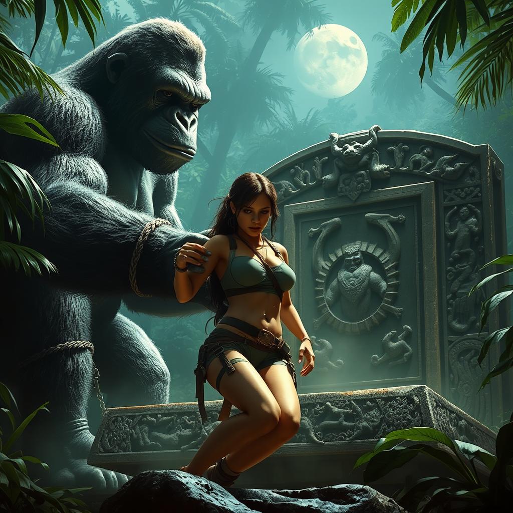 A captivating scene depicting Lara Croft bound to an ancient altar in the midst of a dense jungle, meant to be a sacrifice for a gigantic King Kong