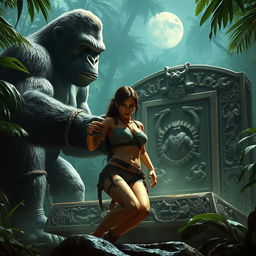 A captivating scene depicting Lara Croft bound to an ancient altar in the midst of a dense jungle, meant to be a sacrifice for a gigantic King Kong