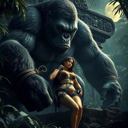 A captivating scene depicting Lara Croft bound to an ancient altar in the midst of a dense jungle, meant to be a sacrifice for a gigantic King Kong