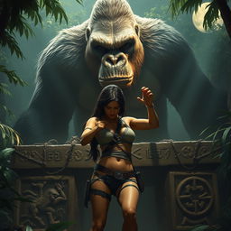 A captivating scene depicting Lara Croft bound to an ancient altar in the midst of a dense jungle, meant to be a sacrifice for a gigantic King Kong