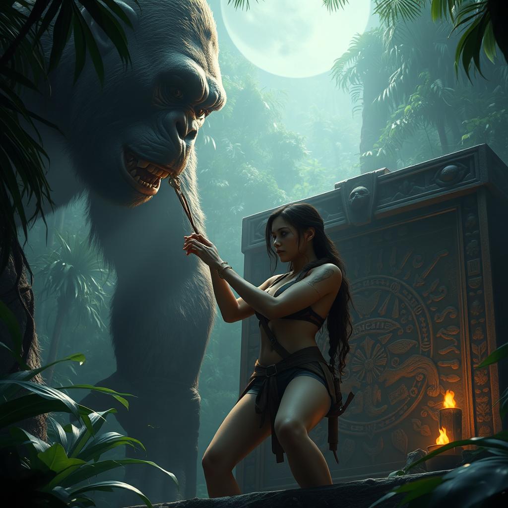 A captivating scene depicting Lara Croft bound to an ancient altar in the midst of a dense jungle, meant to be a sacrifice for a gigantic King Kong