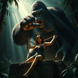 A dramatic scene showcasing Lara Croft in peril, tied to an ancient altar deep within the jungle, intended as a sacrifice for the towering figure of King Kong