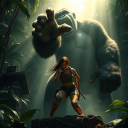 A dramatic scene showcasing Lara Croft in peril, tied to an ancient altar deep within the jungle, intended as a sacrifice for the towering figure of King Kong