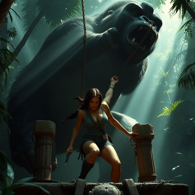 A dramatic scene showcasing Lara Croft in peril, tied to an ancient altar deep within the jungle, intended as a sacrifice for the towering figure of King Kong