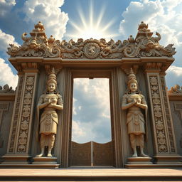 A grand gate with intricate carvings, featuring the legendary doorkeepers Jaya and Vijaya on each side