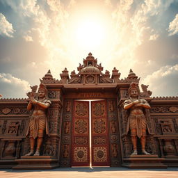 A grand gate with intricate carvings, featuring the legendary doorkeepers Jaya and Vijaya on each side