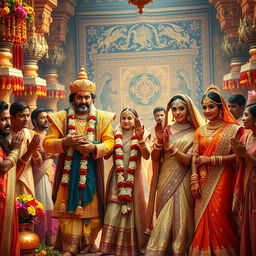 A grand and opulent wedding scene from the Mahabharata, featuring King Wicitrawirya