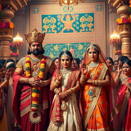 A grand and opulent wedding scene from the Mahabharata, featuring King Wicitrawirya