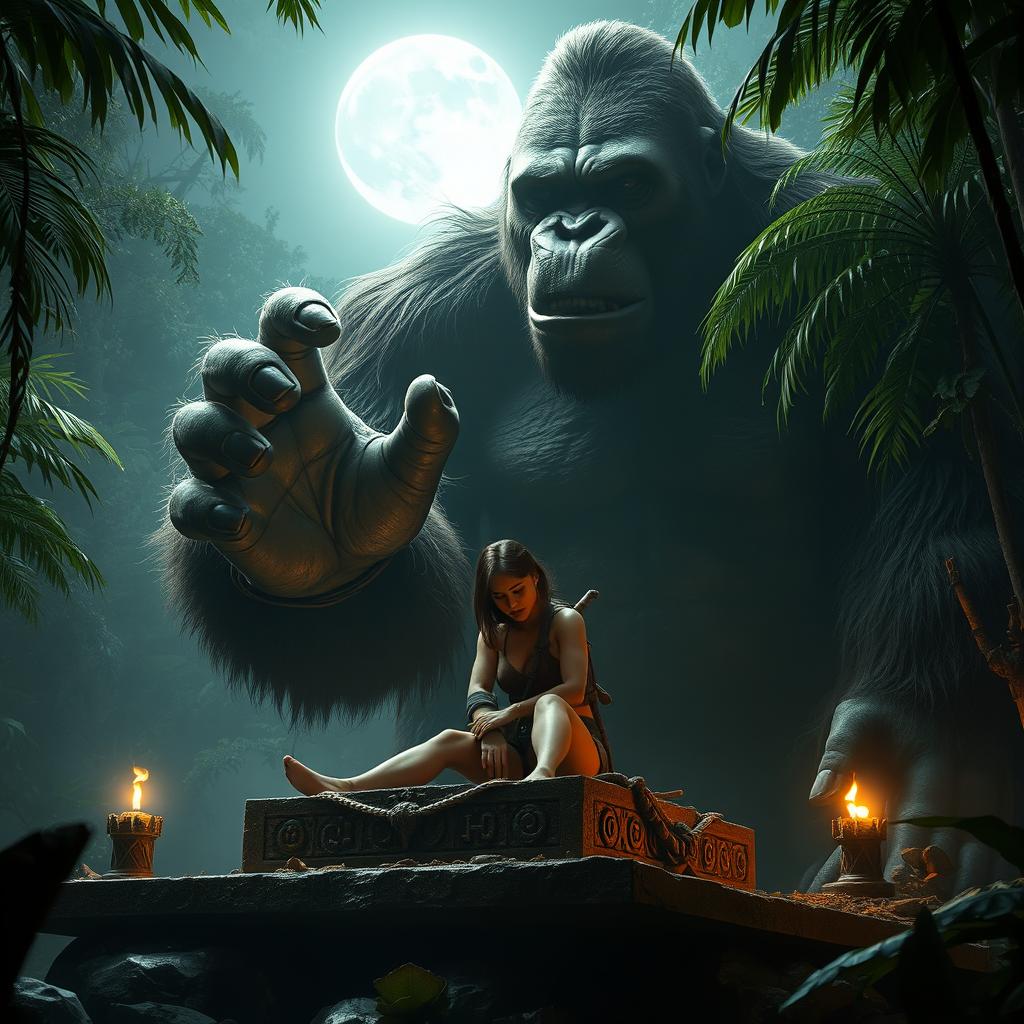 A thrilling and intense scene featuring Lara Croft bound on a mysterious, ancient altar in the depths of a lush jungle, set as a sacrifice for the enormous figure of King Kong