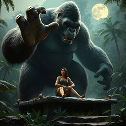 A thrilling and intense scene featuring Lara Croft bound on a mysterious, ancient altar in the depths of a lush jungle, set as a sacrifice for the enormous figure of King Kong