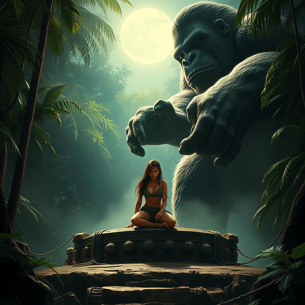 A thrilling and intense scene featuring Lara Croft bound on a mysterious, ancient altar in the depths of a lush jungle, set as a sacrifice for the enormous figure of King Kong