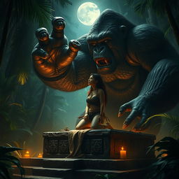 A thrilling and intense scene featuring Lara Croft bound on a mysterious, ancient altar in the depths of a lush jungle, set as a sacrifice for the enormous figure of King Kong