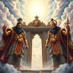 Heaven's gate depicted grandly with Jaya and Vijaya, two strong, brave men, standing as guardians on either side