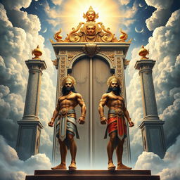 Heaven's gate depicted grandly with Jaya and Vijaya, two strong, brave men, standing as guardians on either side