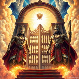 Heaven's gate depicted grandly with Jaya and Vijaya, two strong, brave men, standing as guardians on either side