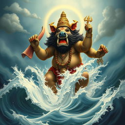 The Varaha Avatar of Lord Vishnu, depicted as a mighty boar, emerging from the cosmic ocean Garbhodaka