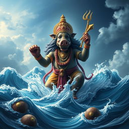 The Varaha Avatar of Lord Vishnu, depicted as a mighty boar, emerging from the cosmic ocean Garbhodaka