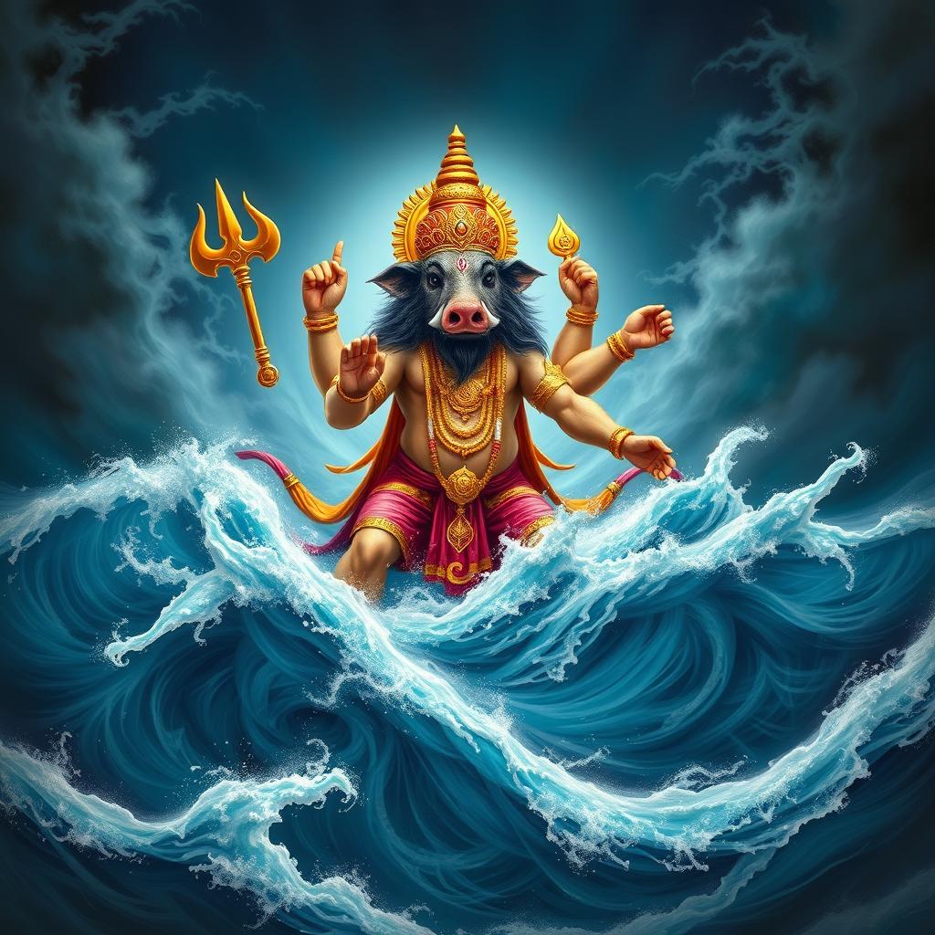 The Varaha Avatar of Lord Vishnu, depicted as a mighty boar, emerging from the cosmic ocean Garbhodaka