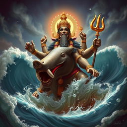 The Varaha Avatar of Lord Vishnu, depicted as a mighty boar, emerging from the cosmic ocean Garbhodaka