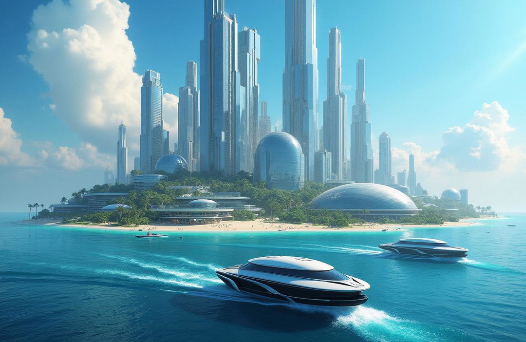 A sprawling futuristic city floating on the ocean, with sleek, advanced hovercrafts gliding over the water surface