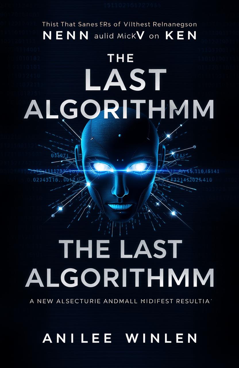 Book cover for "The Last Algorithm" featuring a dark metallic background infused with deep blues and grays, displaying subtle digital patterns