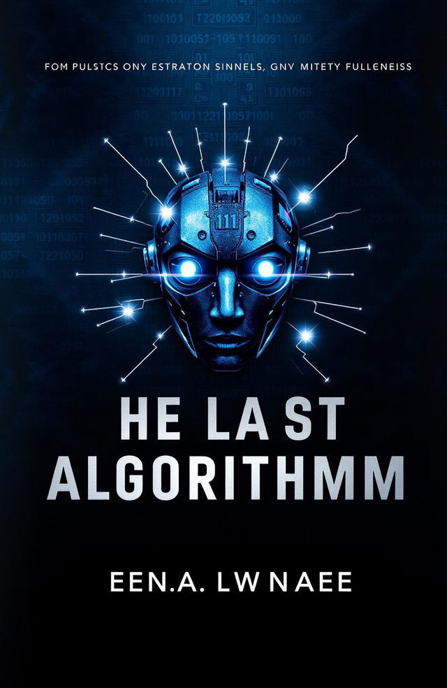 Book cover for "The Last Algorithm" featuring a dark metallic background infused with deep blues and grays, displaying subtle digital patterns