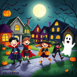 A charming and whimsical book illustration depicting children dressed in creative Halloween costumes, happily trick-or-treating in a colorful, spooky neighborhood