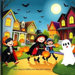 A charming and whimsical book illustration depicting children dressed in creative Halloween costumes, happily trick-or-treating in a colorful, spooky neighborhood