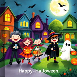 A charming and whimsical book illustration depicting children dressed in creative Halloween costumes, happily trick-or-treating in a colorful, spooky neighborhood