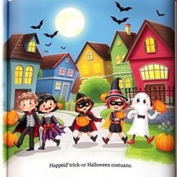 A charming and whimsical book illustration depicting children dressed in creative Halloween costumes, happily trick-or-treating in a colorful, spooky neighborhood