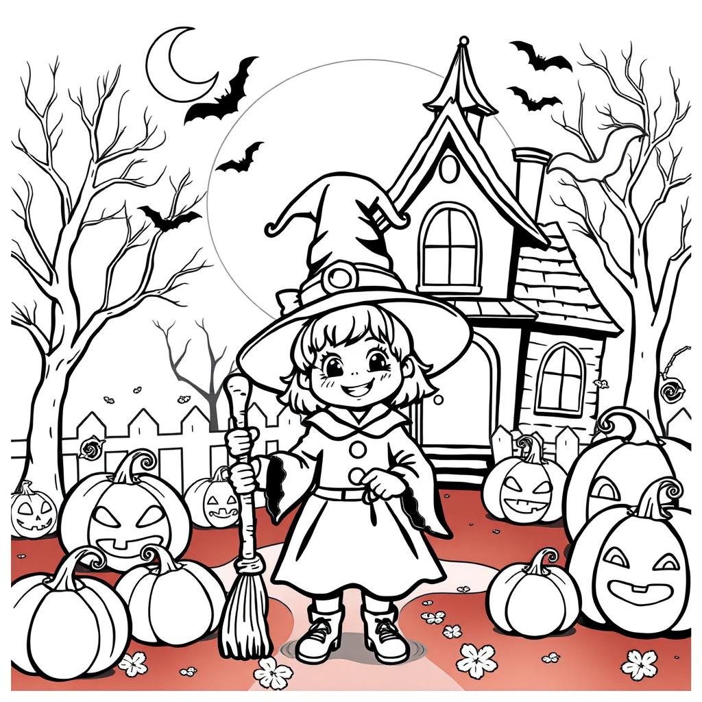 A child dressed in a cute Halloween costume, such as a little witch with a pointy hat and a broomstick, standing in front of a haunted house