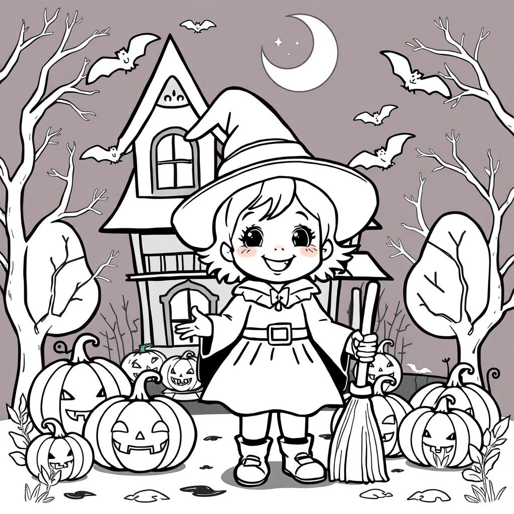 A child dressed in a cute Halloween costume, such as a little witch with a pointy hat and a broomstick, standing in front of a haunted house