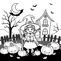 A child dressed in a cute Halloween costume, such as a little witch with a pointy hat and a broomstick, standing in front of a haunted house