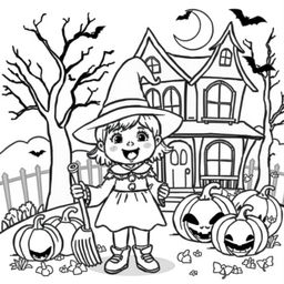 A child dressed in a cute Halloween costume, such as a little witch with a pointy hat and a broomstick, standing in front of a haunted house