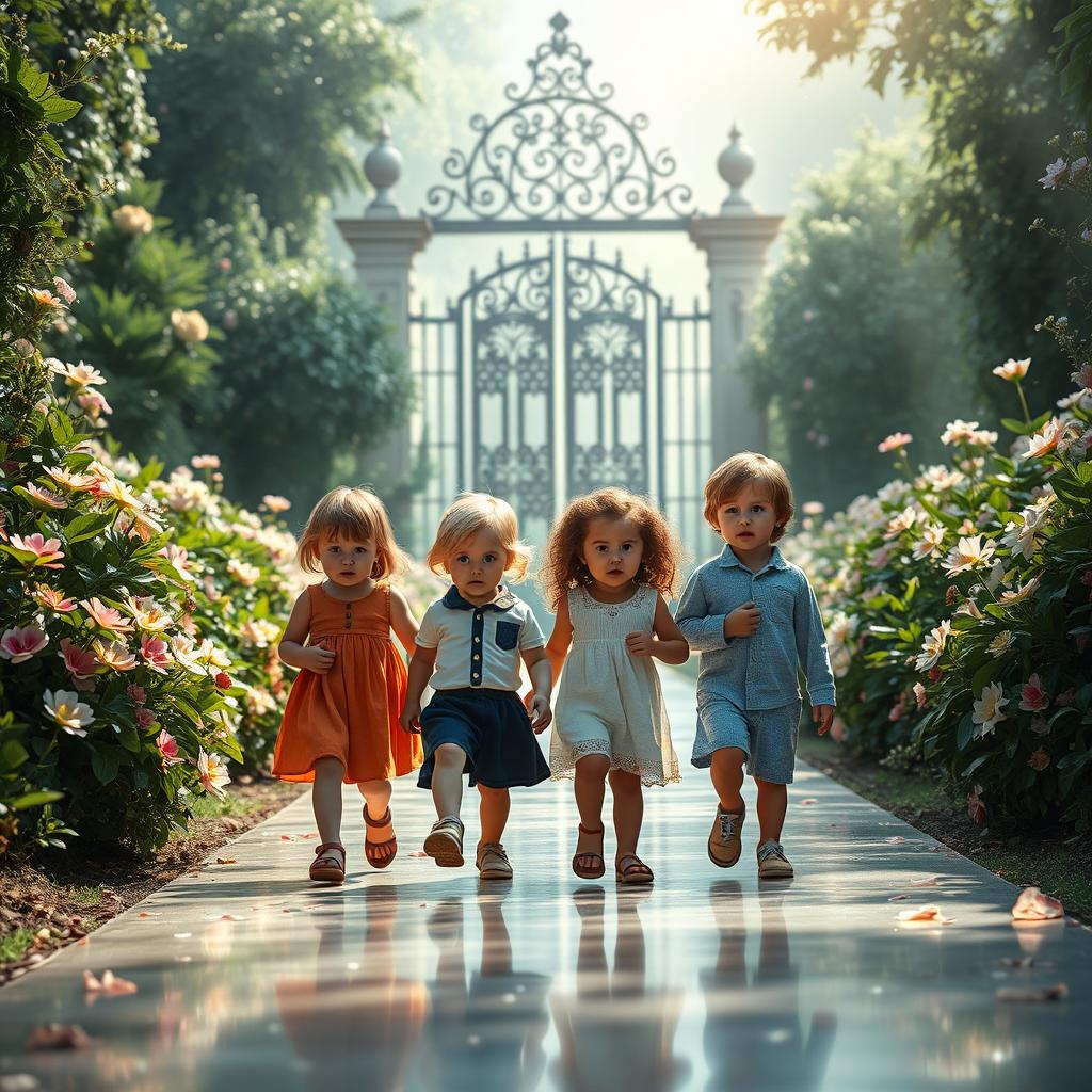 Four children walking confidently with slightly angry expressions on a shining path leading to a grand gate