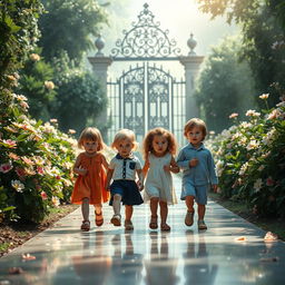 Four children walking confidently with slightly angry expressions on a shining path leading to a grand gate