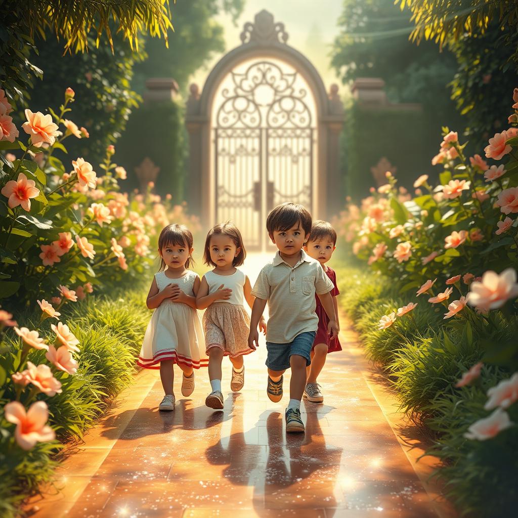 Four children walking confidently with slightly angry expressions on a shining path leading to a grand gate