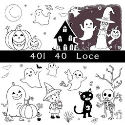 A collection of 40 black and white illustrations featuring various Halloween-themed scenes suitable for a children's coloring book