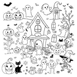 A collection of 40 black and white illustrations featuring various Halloween-themed scenes suitable for a children's coloring book