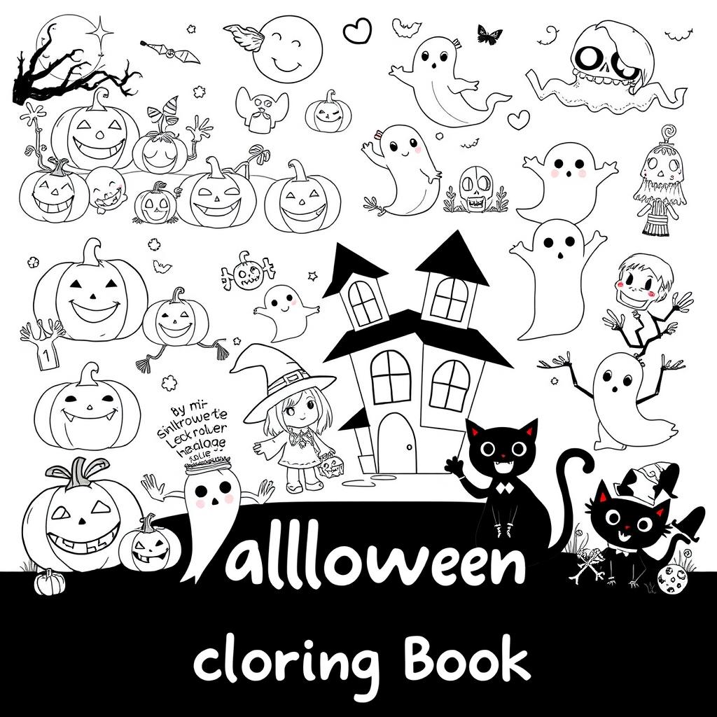 A collection of 40 black and white illustrations featuring various Halloween-themed scenes suitable for a children's coloring book