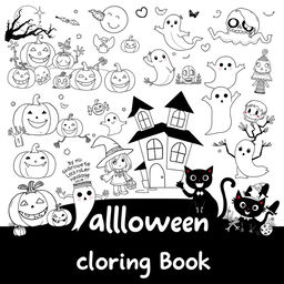 A collection of 40 black and white illustrations featuring various Halloween-themed scenes suitable for a children's coloring book