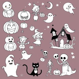 A collection of 40 black and white illustrations featuring various Halloween-themed scenes suitable for a children's coloring book