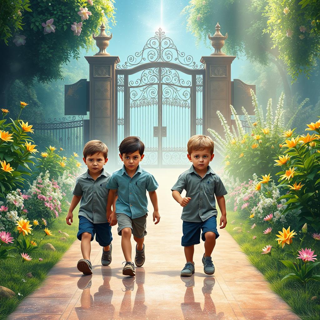 Four boys walking confidently, each with slightly angry expressions, on a shimmering path leading to a grand gate