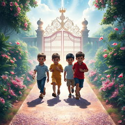 Four boys walking confidently, each with slightly angry expressions, on a shimmering path leading to a grand gate